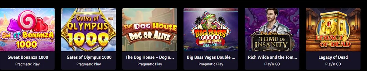 “Horizontal row of casino game tiles showing Sweet Bonanza 1000, Gates of Olympus 1000, The Dog House – Dog or Alive, Big Bass Vegas Double Down Deluxe, Rich Wilde and the Tome of Insanity, and Legacy of Dead, with providers listed below (Pragmatic Play and Play’n GO).”