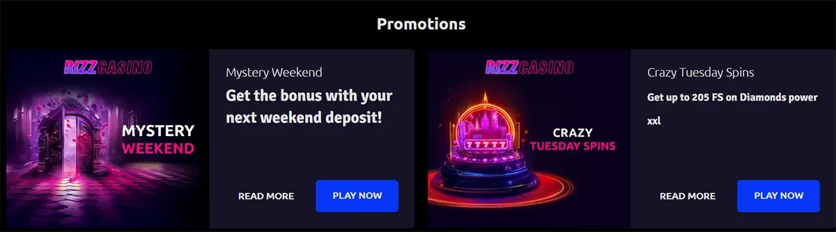 “Casino promotions section showing two offer cards: ‘Mystery Weekend’ with a glowing doorway and ‘Crazy Tuesday Spins’ with a neon slot machine, each with short offer text and ‘Read more’ / ‘Play now’ buttons.”
