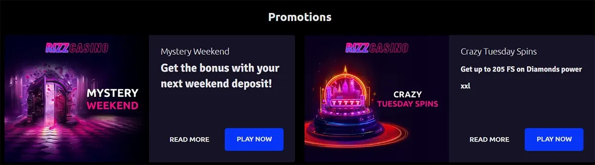 “Casino promotions section showing two offer cards: ‘Mystery Weekend’ with a glowing doorway and ‘Crazy Tuesday Spins’ with a neon slot machine, each with short offer text and ‘Read more’ / ‘Play now’ buttons.”