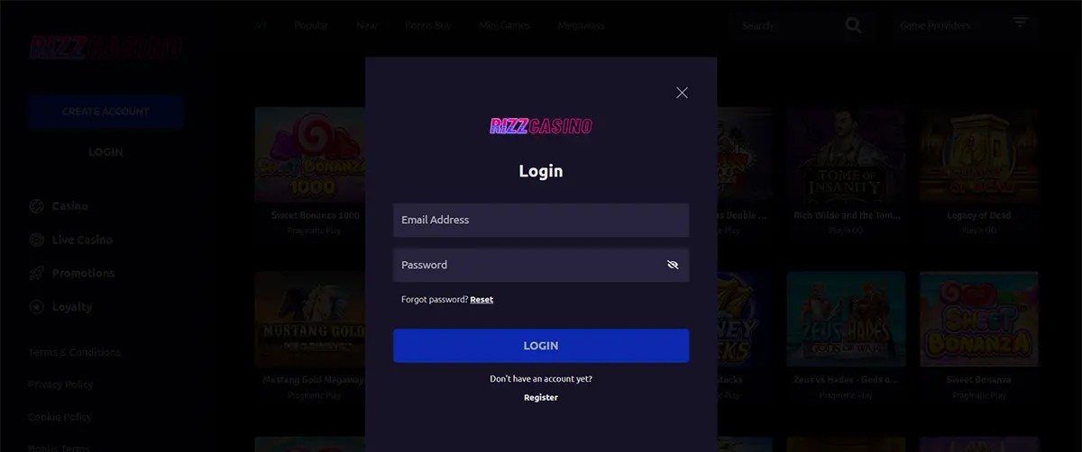 “Rizz Casino login pop-up on a dark site background, showing email address and password fields, a ‘Forgot password? Reset’ link, a blue ‘LOGIN’ button, and a ‘Register’ link.”