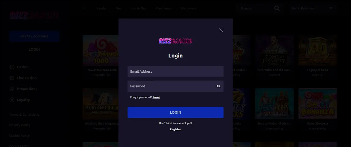 “Rizz Casino login pop-up on a dark site background, showing email address and password fields, a ‘Forgot password? Reset’ link, a blue ‘LOGIN’ button, and a ‘Register’ link.”